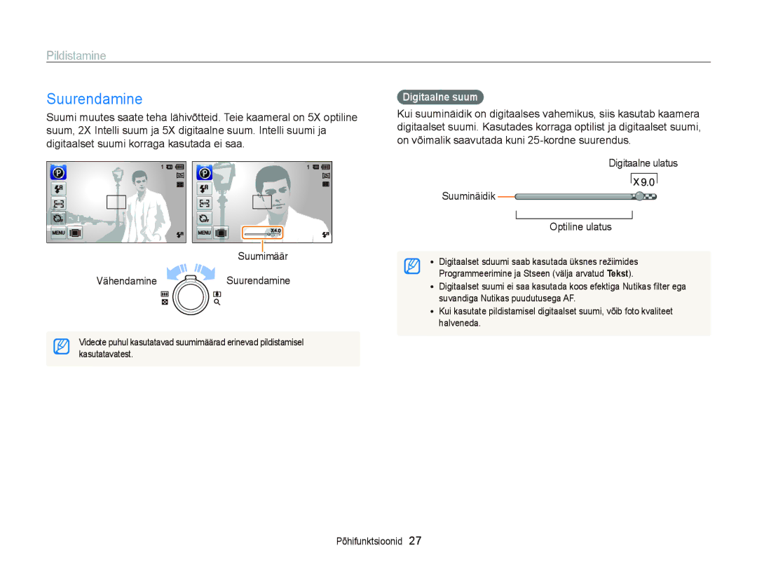 Samsung EC-ST95ZZBPBE2 manual Suurendamine, Pildistamine, Digitaalne suum, Digitaalne ulatus Suuminäidik Optiline ulatus 