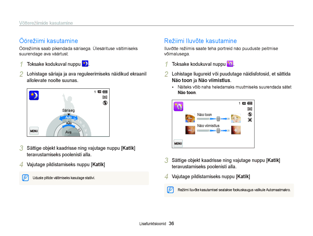 Samsung EC-ST95ZZBPBE2, EC-ST95ZZBPOE2 manual Öörežiimi kasutamine, Režiimi Iluvõte kasutamine, Allolevate noolte suunas 