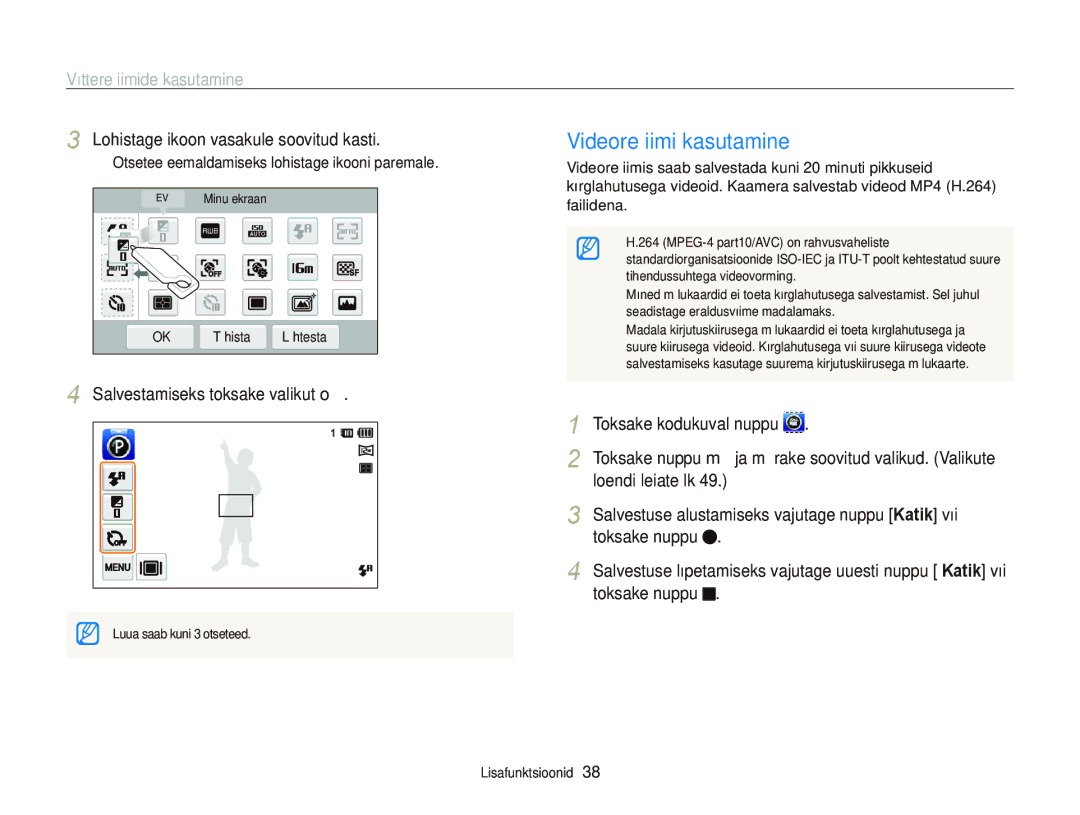 Samsung EC-ST95ZZBPOE2 Videorežiimi kasutamine, Lohistage ikoon vasakule soovitud kasti, Loendi leiate lk, Toksake nuppu 