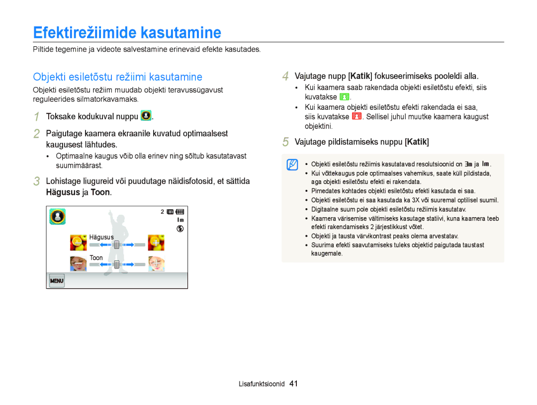 Samsung EC-ST95ZZBPOE2 Efektirežiimide kasutamine, Objekti esiletõstu režiimi kasutamine, Kaugusest lähtudes, Suumimäärast 