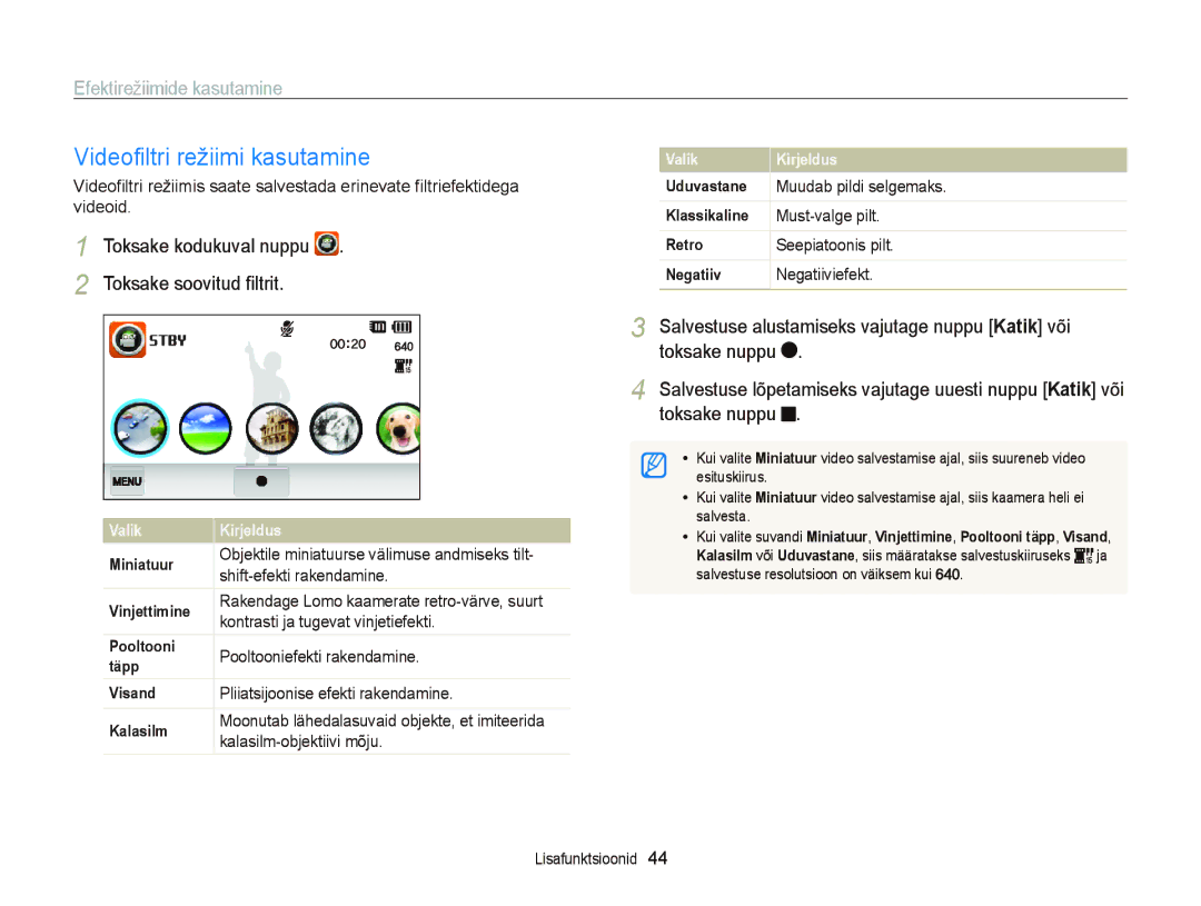 Samsung EC-ST95ZZBPOE2, EC-ST95ZZBPBE2, EC-ST95ZZBPSE2 manual Videoﬁltri režiimi kasutamine 