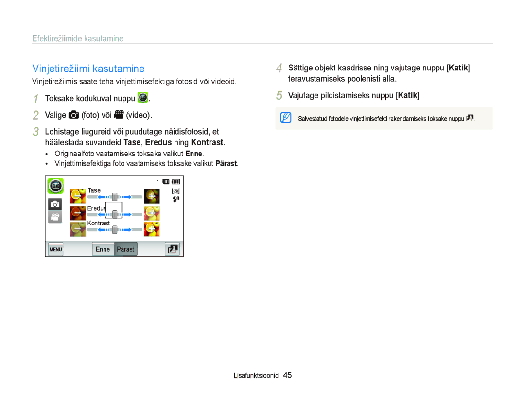 Samsung EC-ST95ZZBPBE2, EC-ST95ZZBPOE2 manual Vinjetirežiimi kasutamine, Toksake kodukuval nuppu Valige foto või video 