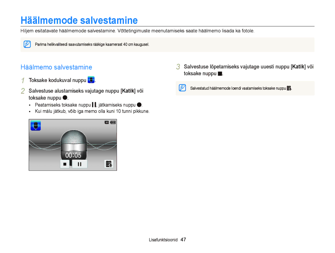 Samsung EC-ST95ZZBPOE2, EC-ST95ZZBPBE2, EC-ST95ZZBPSE2 manual Häälmemode salvestamine, Häälmemo salvestamine 