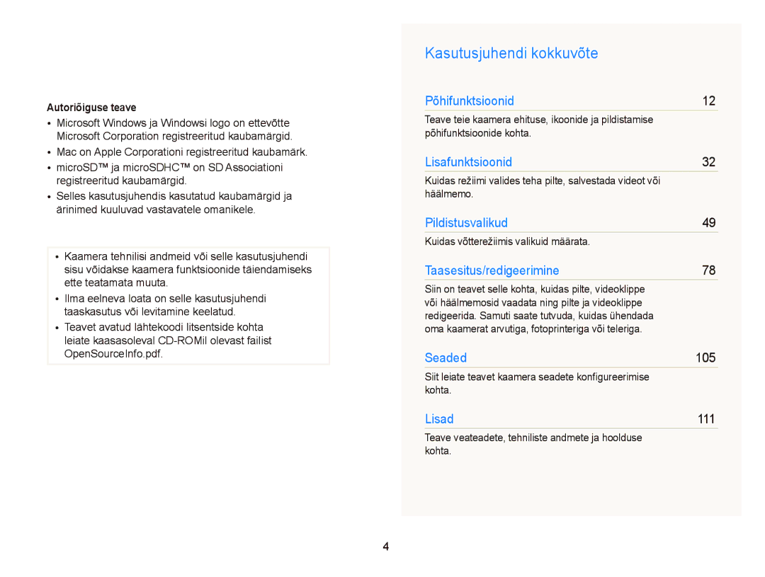 Samsung EC-ST95ZZBPSE2, EC-ST95ZZBPOE2, EC-ST95ZZBPBE2 manual Kasutusjuhendi kokkuvõte, Autoriõiguse teave 