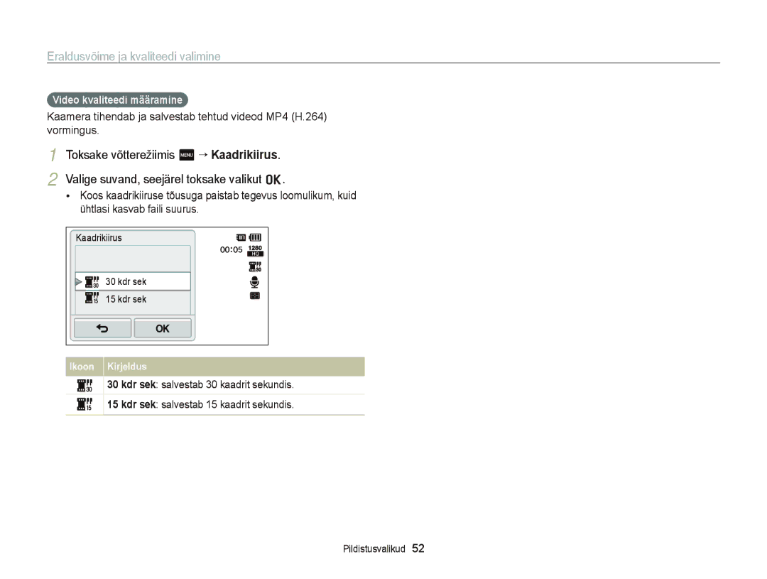 Samsung EC-ST95ZZBPSE2, EC-ST95ZZBPOE2, EC-ST95ZZBPBE2 manual Eraldusvõime ja kvaliteedi valimine, Video kvaliteedi määramine 