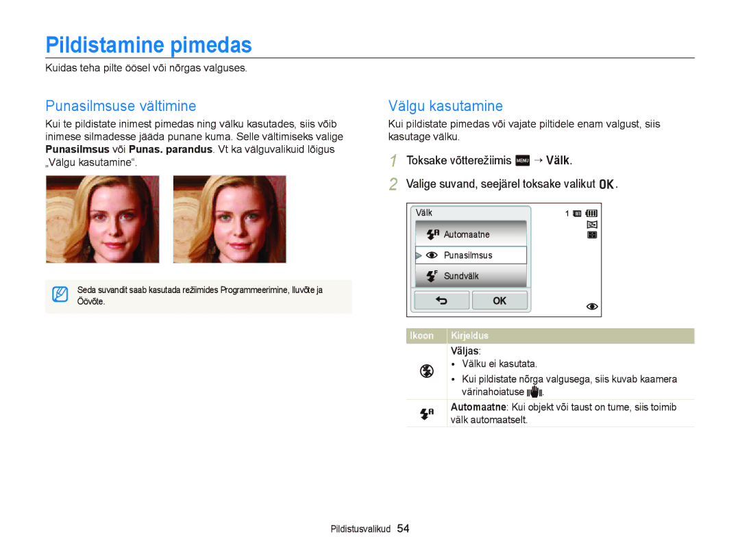 Samsung EC-ST95ZZBPBE2, EC-ST95ZZBPOE2 manual Pildistamine pimedas, Punasilmsuse vältimine, Välgu kasutamine, Väljas 