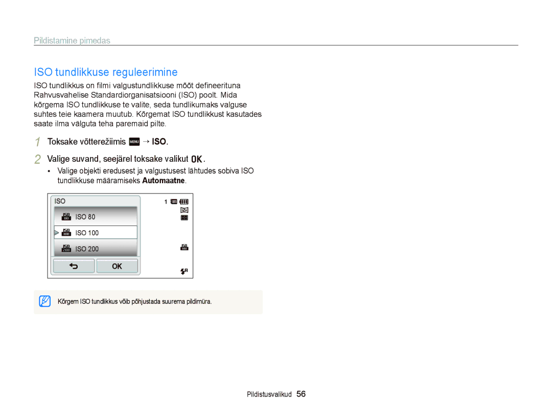 Samsung EC-ST95ZZBPOE2, EC-ST95ZZBPBE2, EC-ST95ZZBPSE2 manual ISO tundlikkuse reguleerimine 