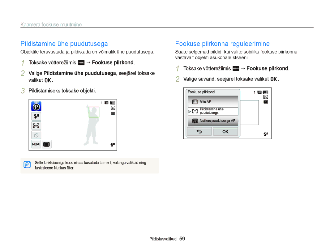 Samsung EC-ST95ZZBPOE2 manual Pildistamine ühe puudutusega, Fookuse piirkonna reguleerimine, Pildistamiseks toksake objekti 