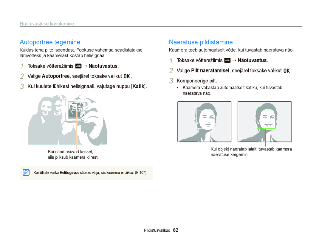Samsung EC-ST95ZZBPOE2, EC-ST95ZZBPBE2 manual Autoportree tegemine, Naeratuse pildistamine, Näotuvastuse kasutamine 