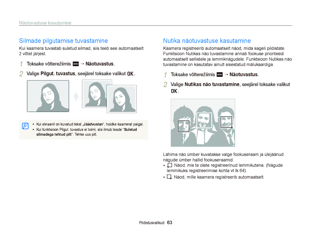 Samsung EC-ST95ZZBPBE2, EC-ST95ZZBPOE2, EC-ST95ZZBPSE2 manual Silmade pilgutamise tuvastamine, Nutika näotuvastuse kasutamine 