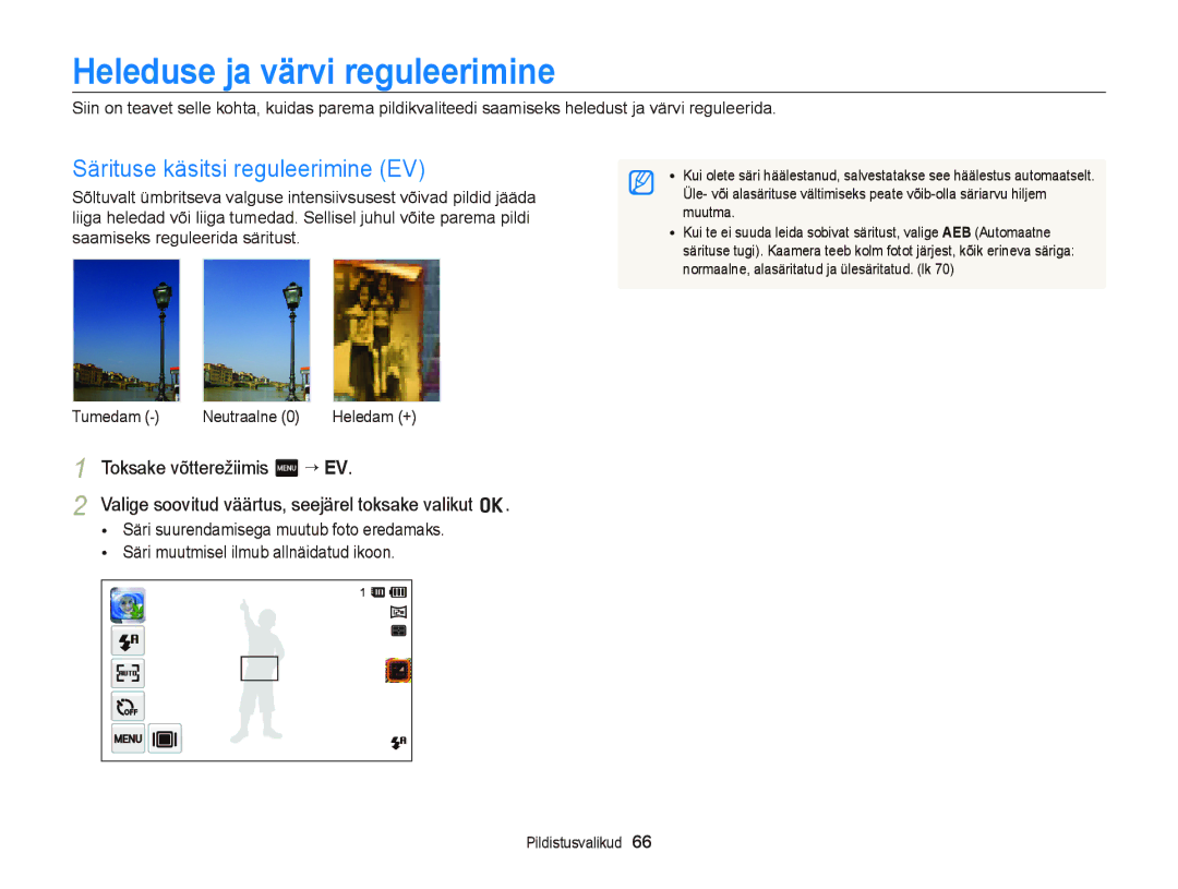 Samsung EC-ST95ZZBPBE2 Heleduse ja värvi reguleerimine, Särituse käsitsi reguleerimine EV, Toksake võtterežiimis m “ EV 