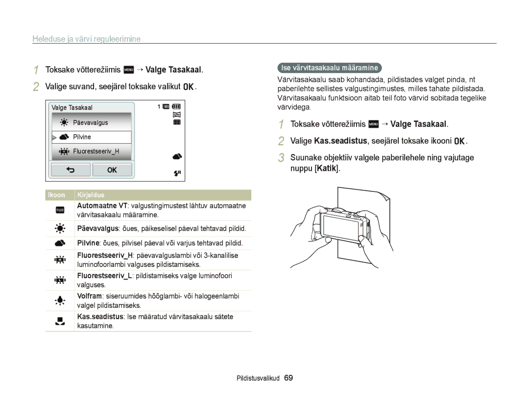 Samsung EC-ST95ZZBPBE2, EC-ST95ZZBPOE2, EC-ST95ZZBPSE2 manual Ise värvitasakaalu määramine 