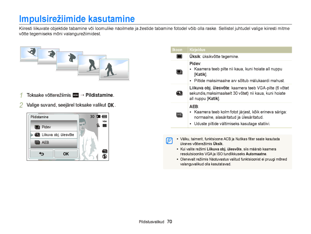 Samsung EC-ST95ZZBPSE2, EC-ST95ZZBPOE2, EC-ST95ZZBPBE2 manual Impulsirežiimide kasutamine, Üksik üksikvõtte tegemine, Pidev 