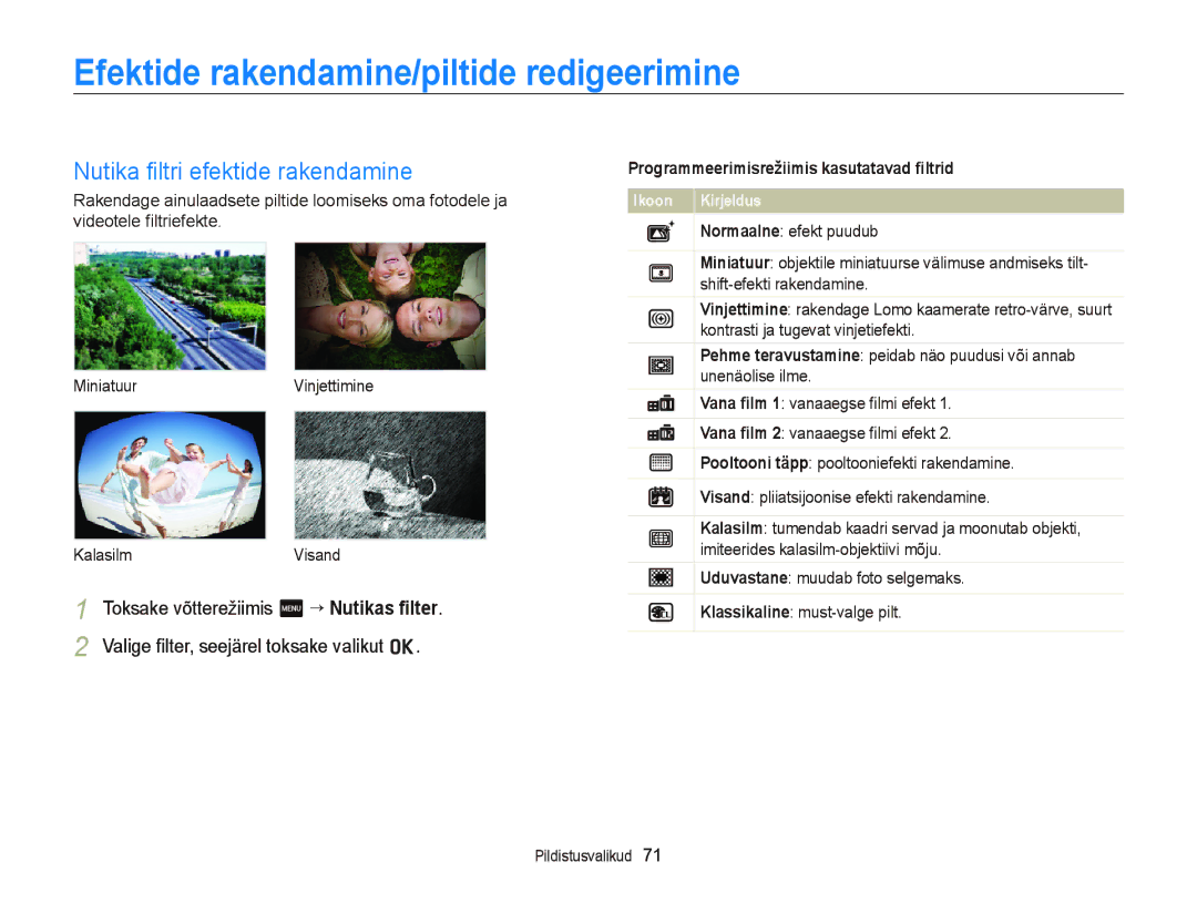 Samsung EC-ST95ZZBPOE2, EC-ST95ZZBPBE2 manual Efektide rakendamine/piltide redigeerimine, Nutika ﬁltri efektide rakendamine 