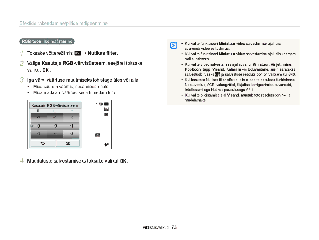 Samsung EC-ST95ZZBPSE2 Toksake võtterežiimis m “ Nutikas ﬁlter, Valikut o, Muudatuste salvestamiseks toksake valikut o 