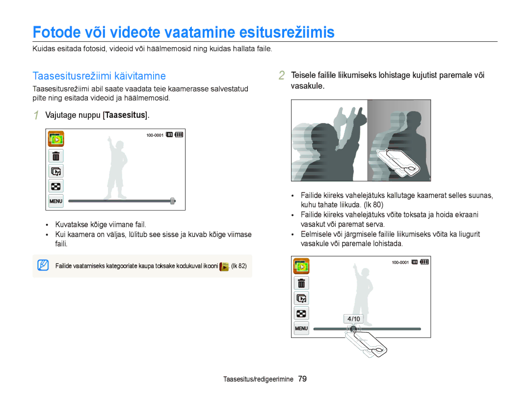 Samsung EC-ST95ZZBPSE2, EC-ST95ZZBPOE2 manual Fotode või videote vaatamine esitusrežiimis, Taasesitusrežiimi käivitamine 