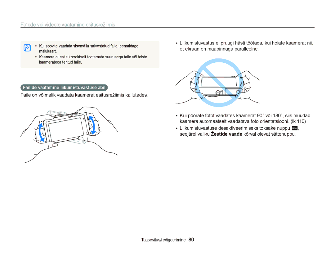 Samsung EC-ST95ZZBPOE2 manual Fotode või videote vaatamine esitusrežiimis, Failide vaatamine liikumistuvastuse abil 