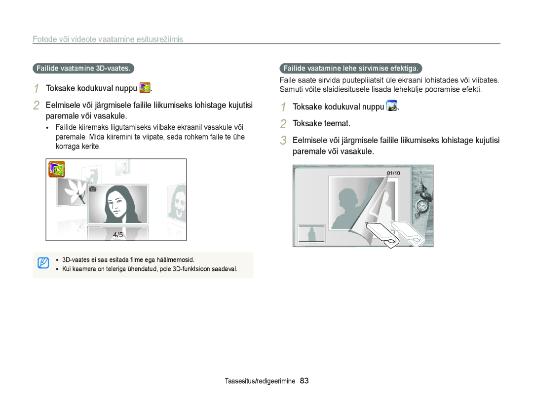 Samsung EC-ST95ZZBPOE2, EC-ST95ZZBPBE2, EC-ST95ZZBPSE2 Paremale või vasakule, Toksake teemat, Failide vaatamine 3D-vaates 