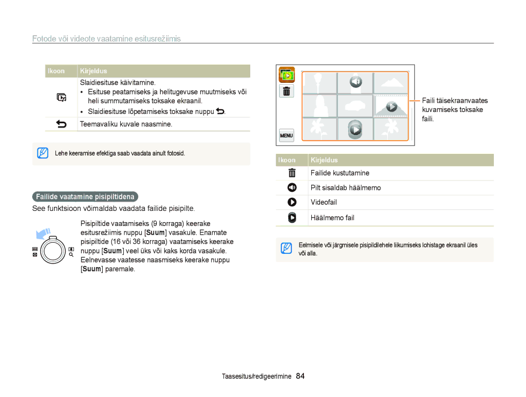 Samsung EC-ST95ZZBPBE2, EC-ST95ZZBPOE2, EC-ST95ZZBPSE2 manual Slaidiesituse käivitamine, Failide vaatamine pisipiltidena 