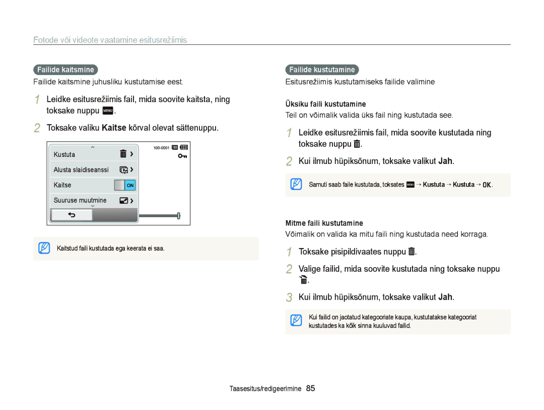 Samsung EC-ST95ZZBPSE2 Toksake valiku Kaitse kõrval olevat sättenuppu, Toksake pisipildivaates nuppu, Failide kaitsmine 