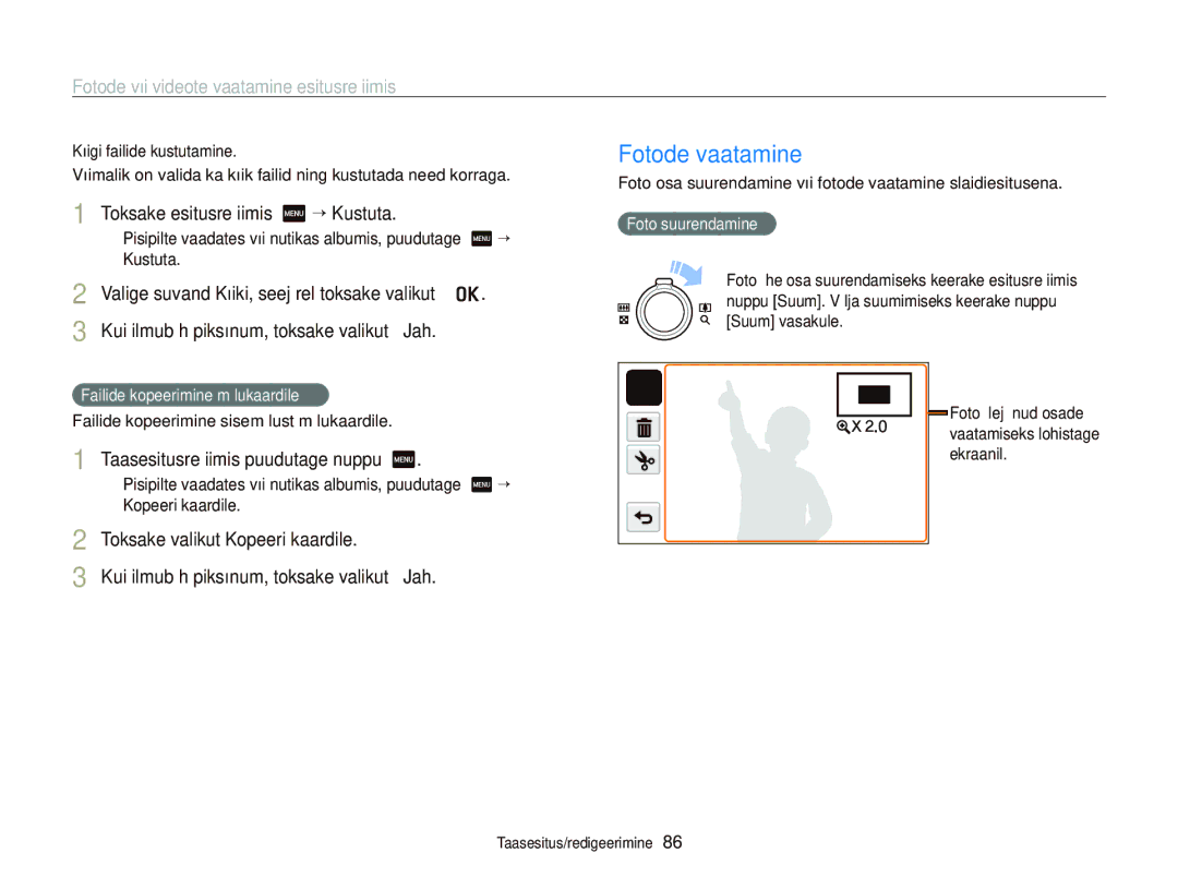 Samsung EC-ST95ZZBPOE2 manual Fotode vaatamine, Toksake esitusrežiimis m “ Kustuta, Taasesitusrežiimis puudutage nuppu m 