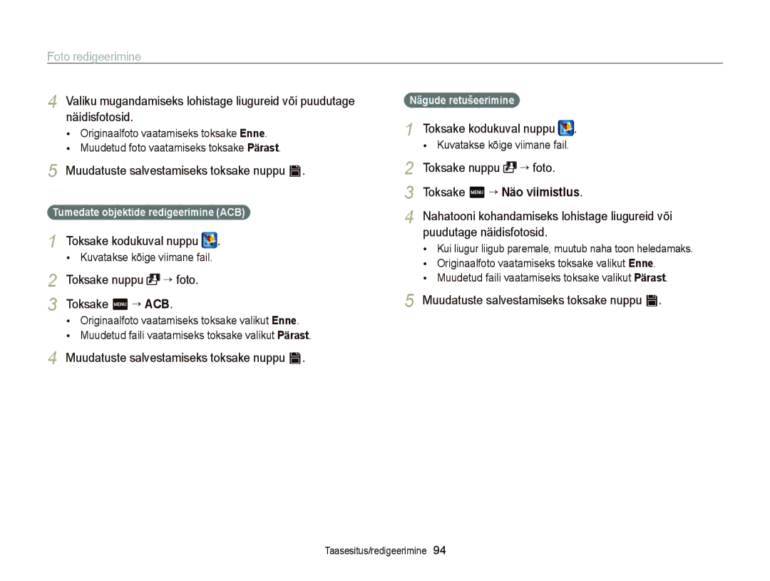 Samsung EC-ST95ZZBPSE2 Toksake nuppu “ foto Toksake m “ ACB, Puudutage näidisfotosid, Tumedate objektide redigeerimine ACB 