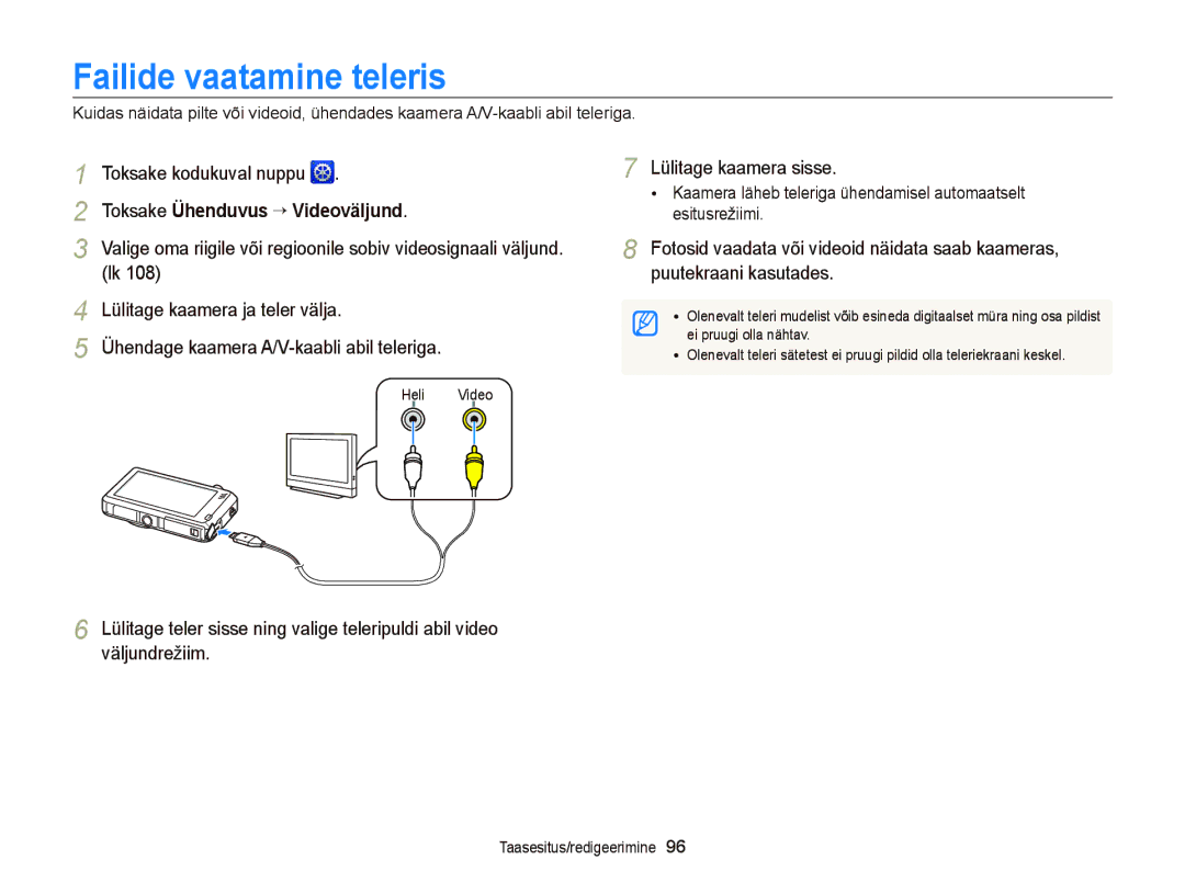 Samsung EC-ST95ZZBPBE2, EC-ST95ZZBPOE2 Failide vaatamine teleris, Lülitage kaamera ja teler välja, Lülitage kaamera sisse 