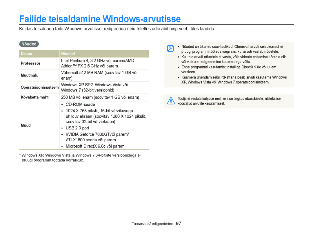 Samsung EC-ST95ZZBPSE2, EC-ST95ZZBPOE2, EC-ST95ZZBPBE2 manual Failide teisaldamine Windows-arvutisse, Nõuded 