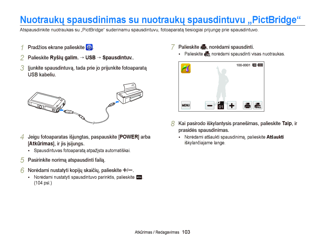 Samsung EC-ST95ZZBPSE2, EC-ST95ZZBPOE2, EC-ST95ZZBPBE2 Pradžios ekrane palieskite, USB kabeliu, Atkūrimas, ir jis įsijungs 