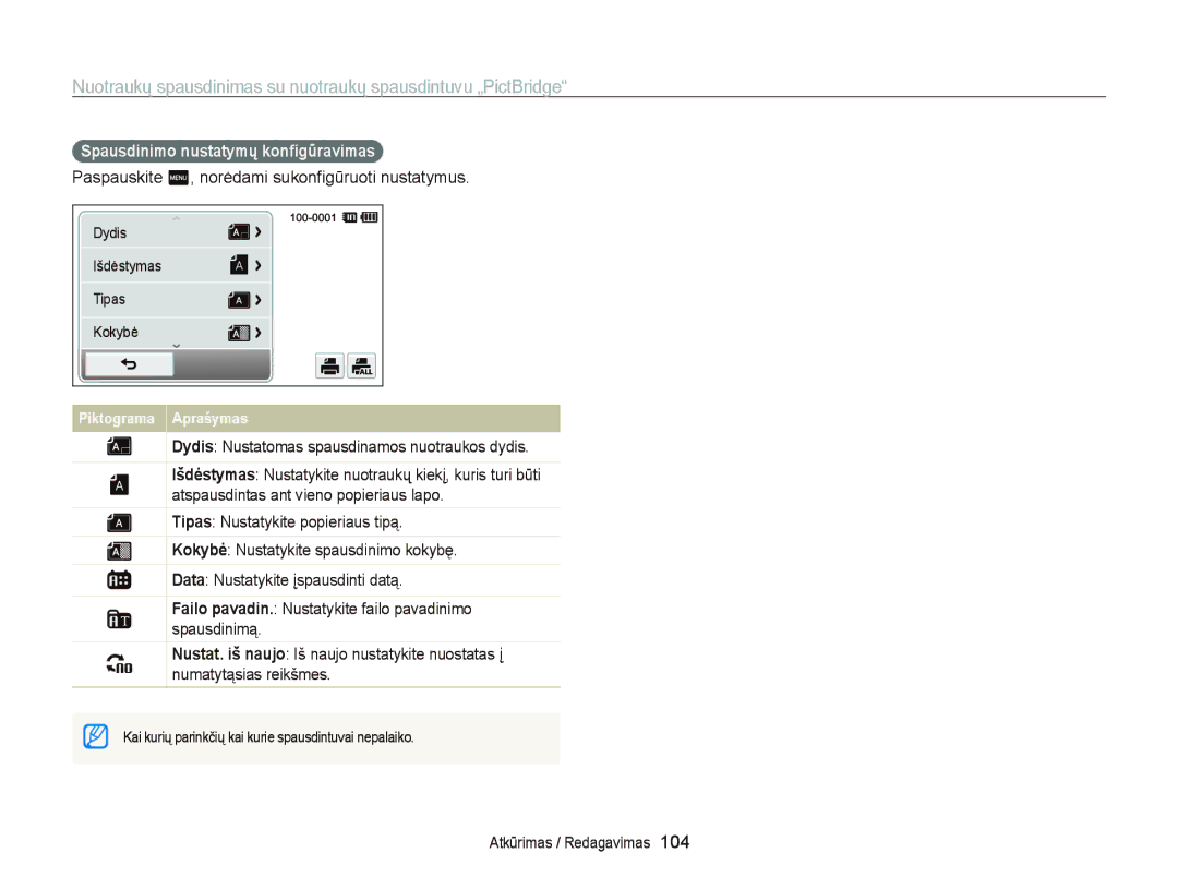 Samsung EC-ST95ZZBPOE2 manual Spausdinimo nustatymų konﬁgūravimas, Paspauskite m, norėdami sukonﬁgūruoti nustatymus 