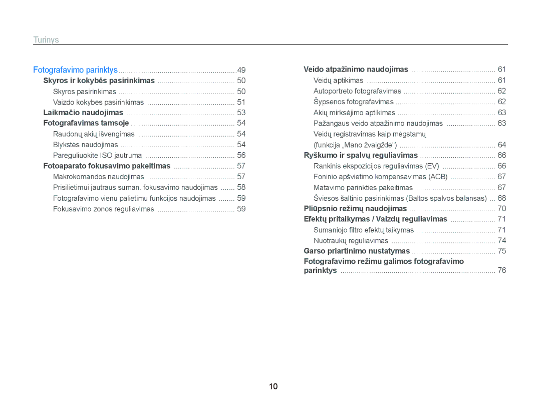 Samsung EC-ST95ZZBPSE2, EC-ST95ZZBPOE2, EC-ST95ZZBPBE2 manual Turinys, Akių mirksėjimo aptikimas 