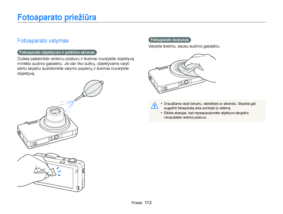 Samsung EC-ST95ZZBPOE2 manual Fotoaparato priežiūra, Fotoaparato valymas, Fotoaparato objektyvas ir jutiklinis ekranas 