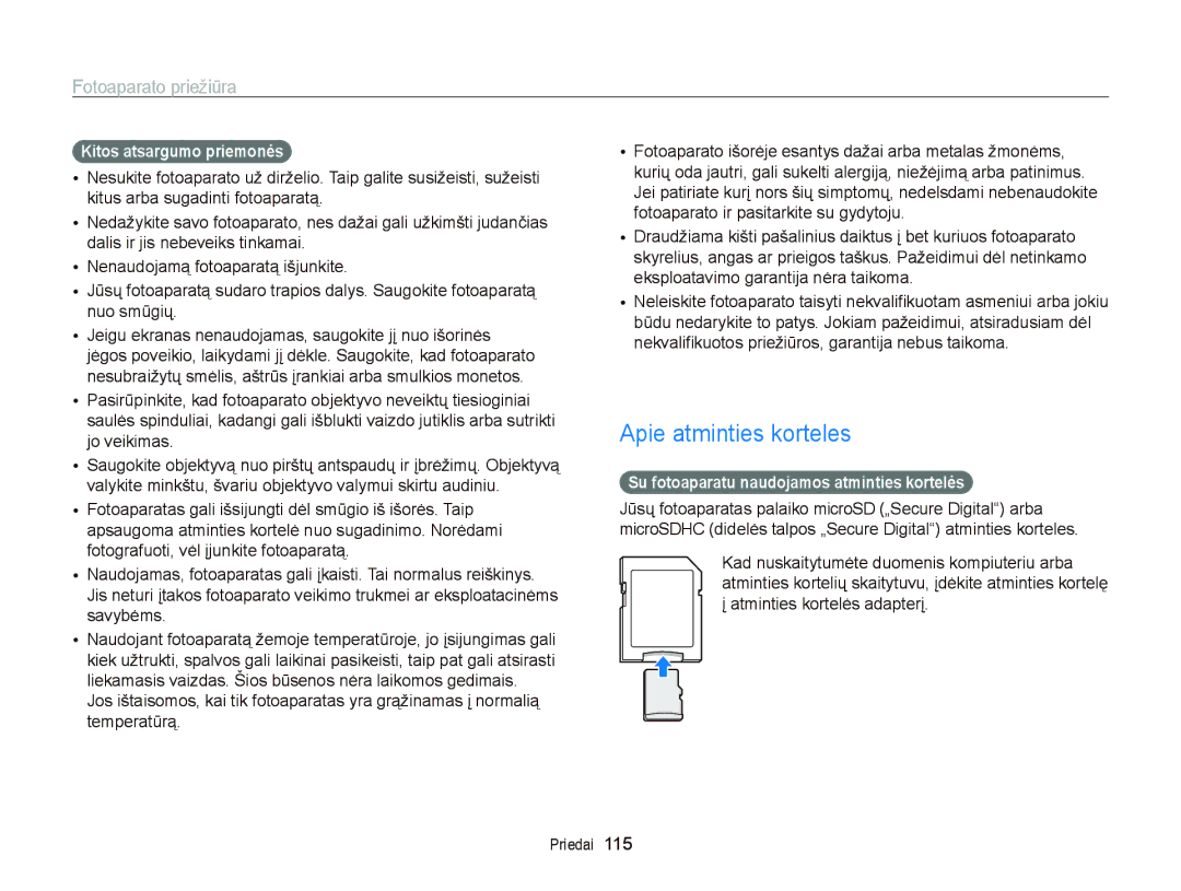 Samsung EC-ST95ZZBPSE2 Apie atminties korteles, Kitos atsargumo priemonės, Su fotoaparatu naudojamos atminties kortelės 