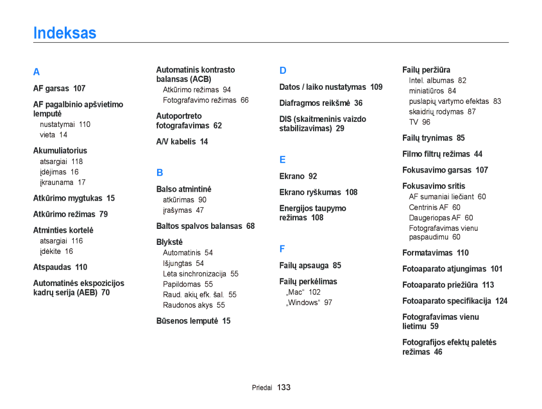 Samsung EC-ST95ZZBPSE2, EC-ST95ZZBPOE2, EC-ST95ZZBPBE2 manual Indeksas 