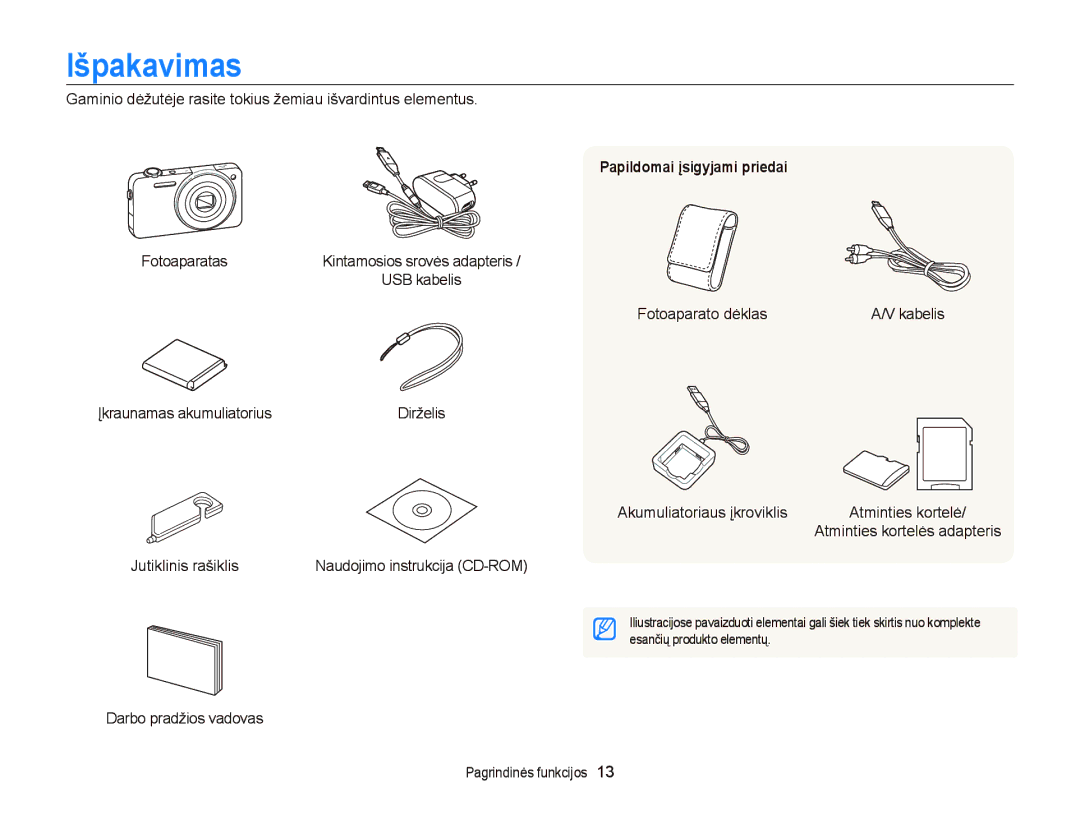 Samsung EC-ST95ZZBPSE2, EC-ST95ZZBPOE2, EC-ST95ZZBPBE2 manual Išpakavimas, Papildomai įsigyjami priedai 