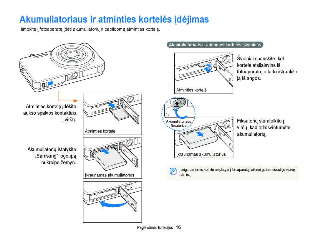 Samsung EC-ST95ZZBPSE2, EC-ST95ZZBPOE2, EC-ST95ZZBPBE2 manual Akumuliatoriaus ir atminties kortelės įdėjimas, Ją iš angos 