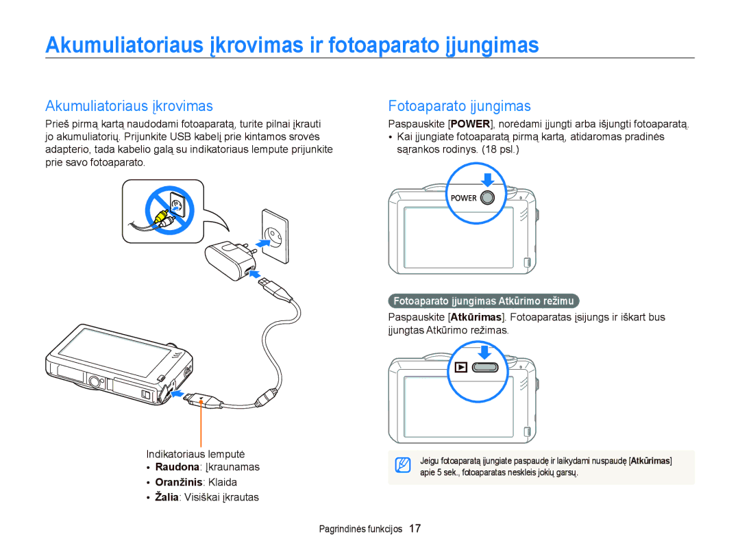 Samsung EC-ST95ZZBPOE2 manual Akumuliatoriaus įkrovimas ir fotoaparato įjungimas, Fotoaparato įjungimas, Oranžinis Klaida 