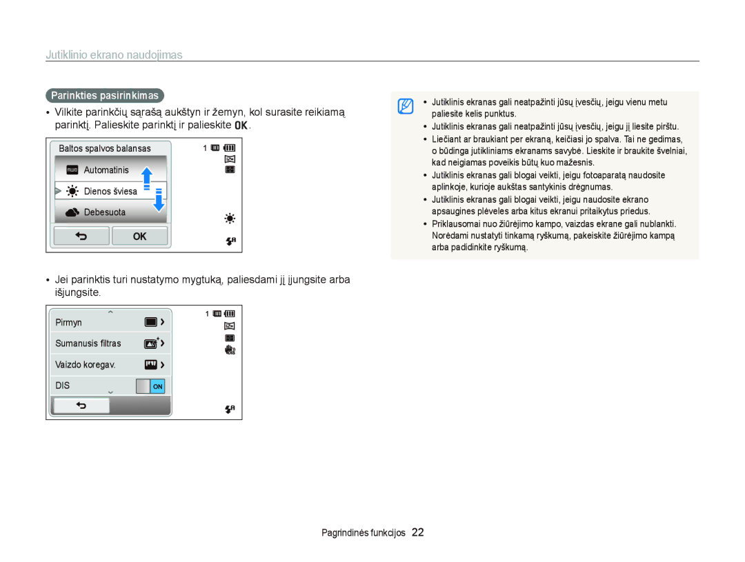 Samsung EC-ST95ZZBPSE2, EC-ST95ZZBPOE2, EC-ST95ZZBPBE2 manual Jutiklinio ekrano naudojimas, Parinkties pasirinkimas 