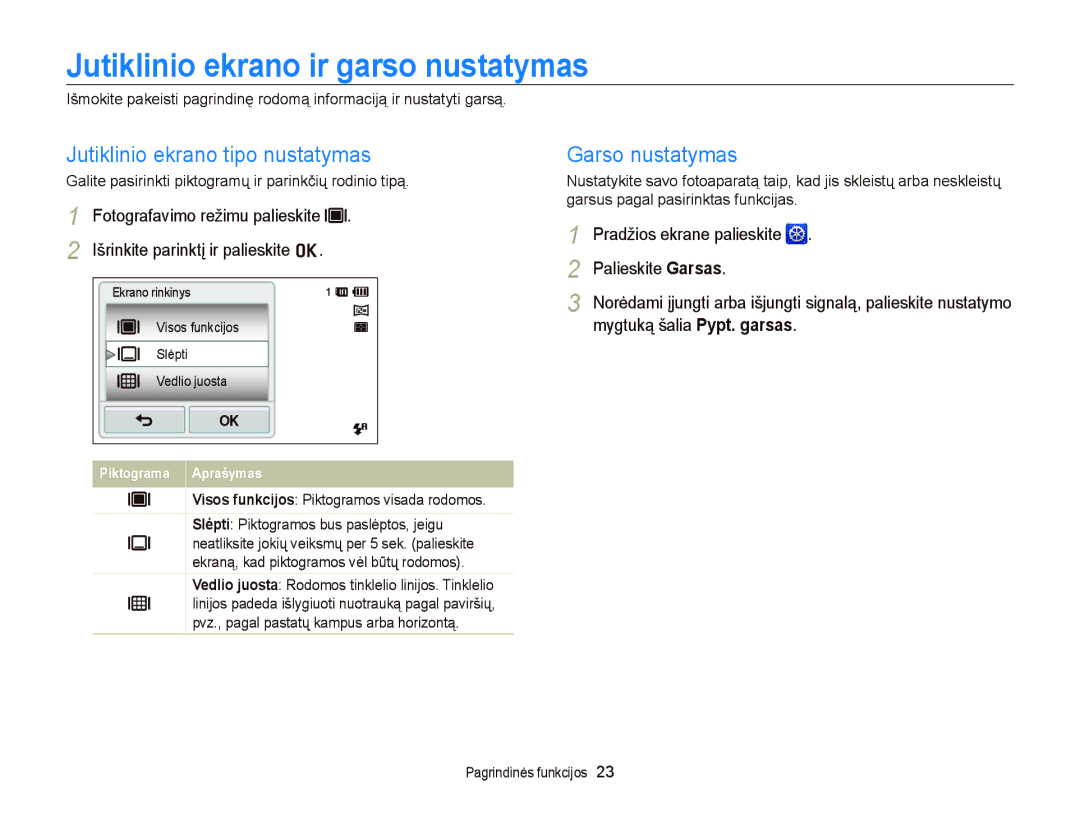 Samsung EC-ST95ZZBPOE2 manual Jutiklinio ekrano ir garso nustatymas, Jutiklinio ekrano tipo nustatymas, Garso nustatymas 