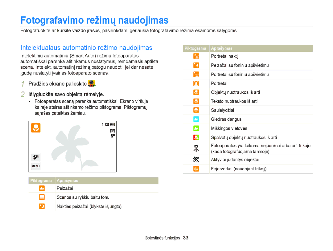 Samsung EC-ST95ZZBPBE2, EC-ST95ZZBPOE2 manual Fotografavimo režimų naudojimas, Intelektualaus automatinio režimo naudojimas 