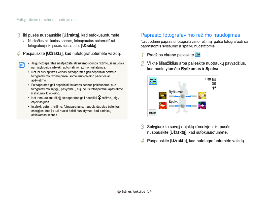 Samsung EC-ST95ZZBPSE2, EC-ST95ZZBPOE2 manual Paprasto fotografavimo režimo naudojimas, Fotografavimo režimų naudojimas 