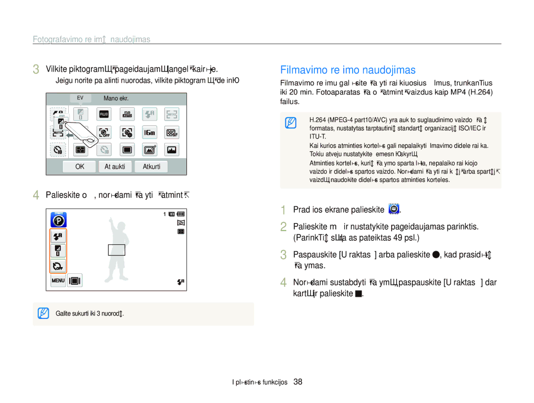 Samsung EC-ST95ZZBPOE2 manual Filmavimo režimo naudojimas, Vilkite piktogramą į pageidaujamą langelį kairėje, Įrašymas 