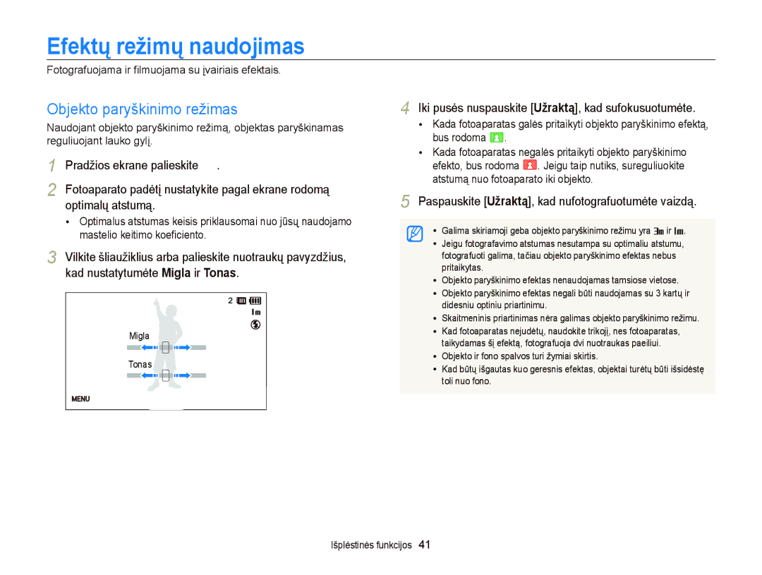 Samsung EC-ST95ZZBPOE2, EC-ST95ZZBPBE2 manual Efektų režimų naudojimas, Objekto paryškinimo režimas, Optimalų atstumą 