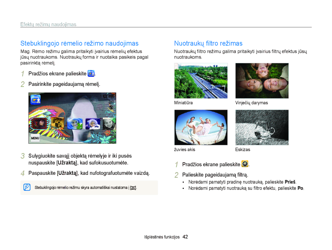 Samsung EC-ST95ZZBPBE2 manual Stebuklingojo rėmelio režimo naudojimas, Nuotraukų ﬁltro režimas, Efektų režimų naudojimas 