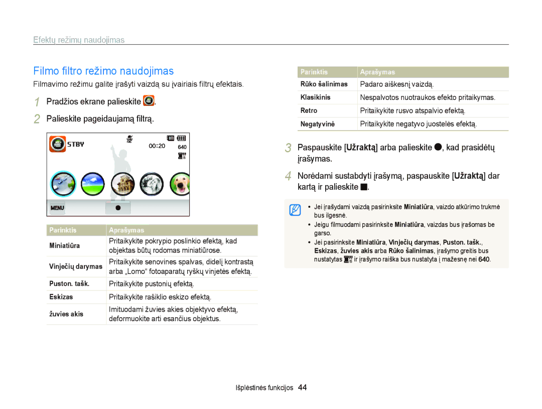 Samsung EC-ST95ZZBPOE2, EC-ST95ZZBPBE2, EC-ST95ZZBPSE2 manual Filmo ﬁltro režimo naudojimas 