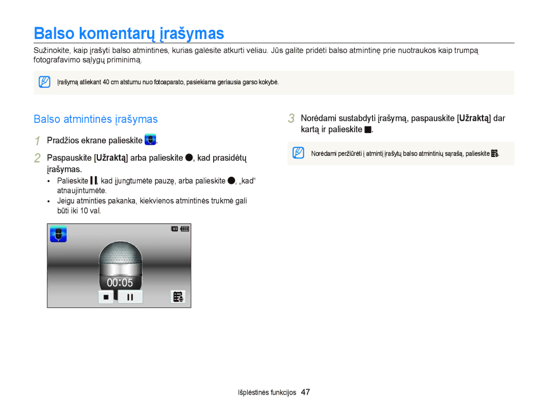 Samsung EC-ST95ZZBPOE2, EC-ST95ZZBPBE2, EC-ST95ZZBPSE2 manual Balso komentarų įrašymas, Balso atmintinės įrašymas 