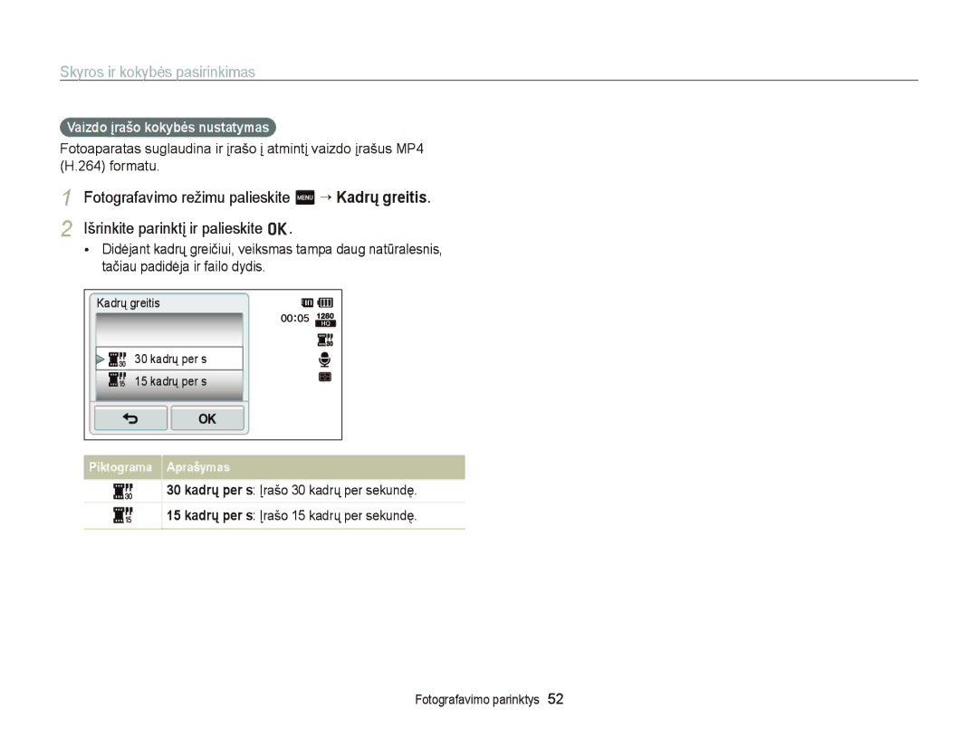 Samsung EC-ST95ZZBPSE2, EC-ST95ZZBPOE2, EC-ST95ZZBPBE2 manual Vaizdo įrašo kokybės nustatymas 