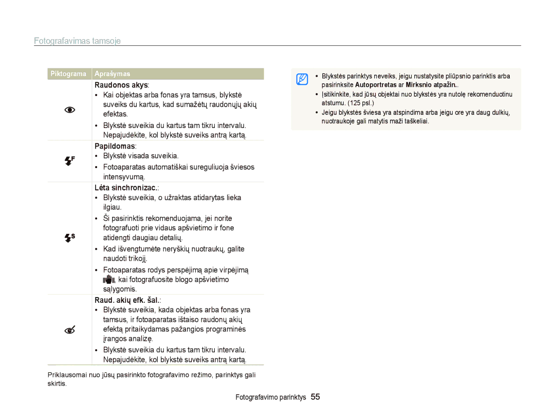 Samsung EC-ST95ZZBPSE2 manual Fotografavimas tamsoje, Raudonos akys, Papildomas, Lėta sinchronizac, Raud. akių efk. šal 