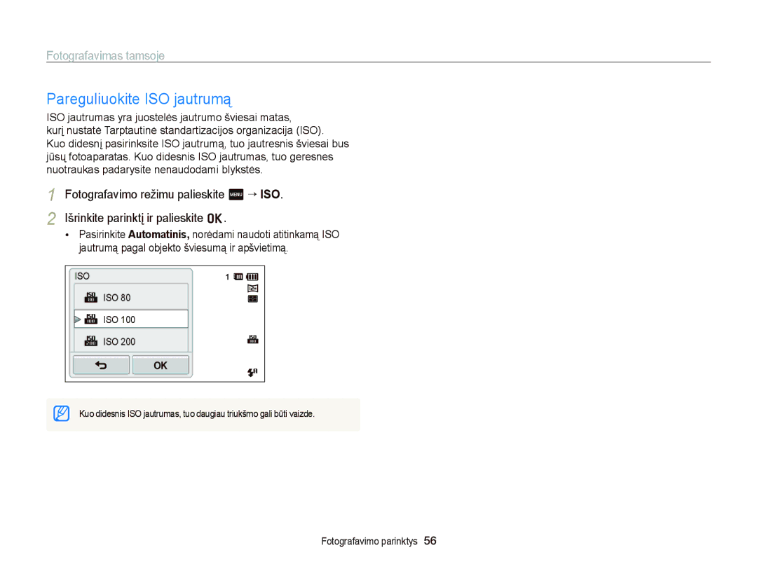 Samsung EC-ST95ZZBPOE2, EC-ST95ZZBPBE2, EC-ST95ZZBPSE2 manual Pareguliuokite ISO jautrumą, Iso 