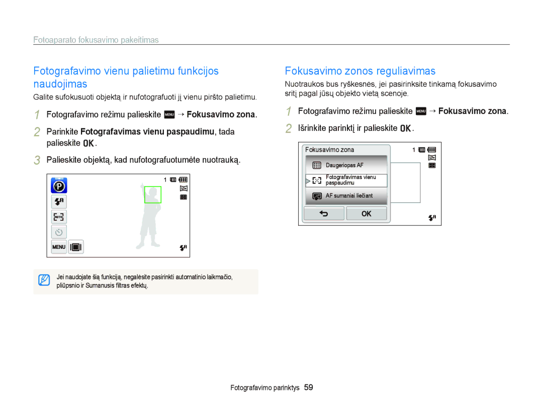 Samsung EC-ST95ZZBPOE2, EC-ST95ZZBPBE2 Fotografavimo vienu palietimu funkcijos naudojimas, Fokusavimo zonos reguliavimas 